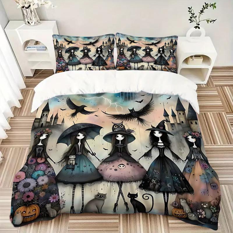 3pcs Halloween Witch Theme Comforter Set with One Quilt Cover and Two Pillowcases (No Core) - Anime Cartoon Design, Polyester Fabric, Perfect for Bedr