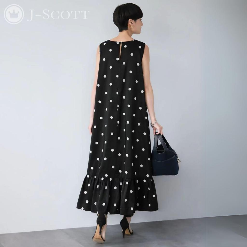 J-Scott Women's Sleeveless Polka Dot Print Long Dress, Round Neck, Summer Dress, A-Line, Sleeveless, White, JS172-WH-L