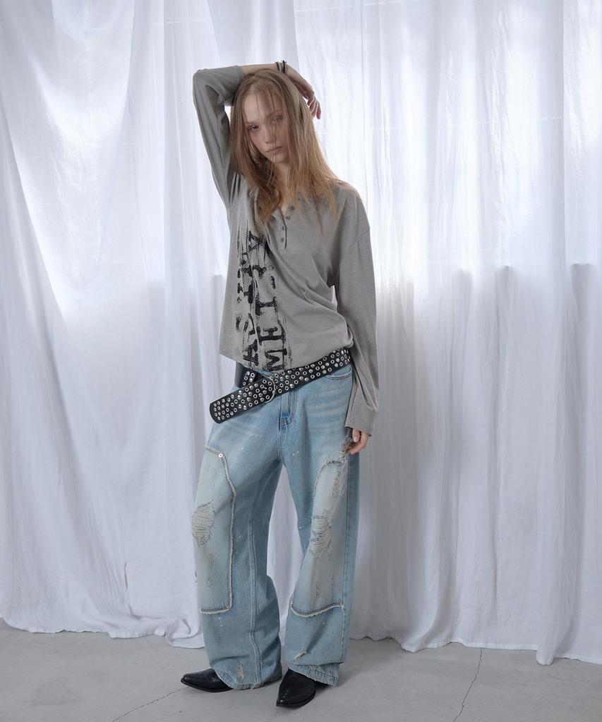 Aesimeteuli Asymmetry Henry Long Sleeve Top / Gray