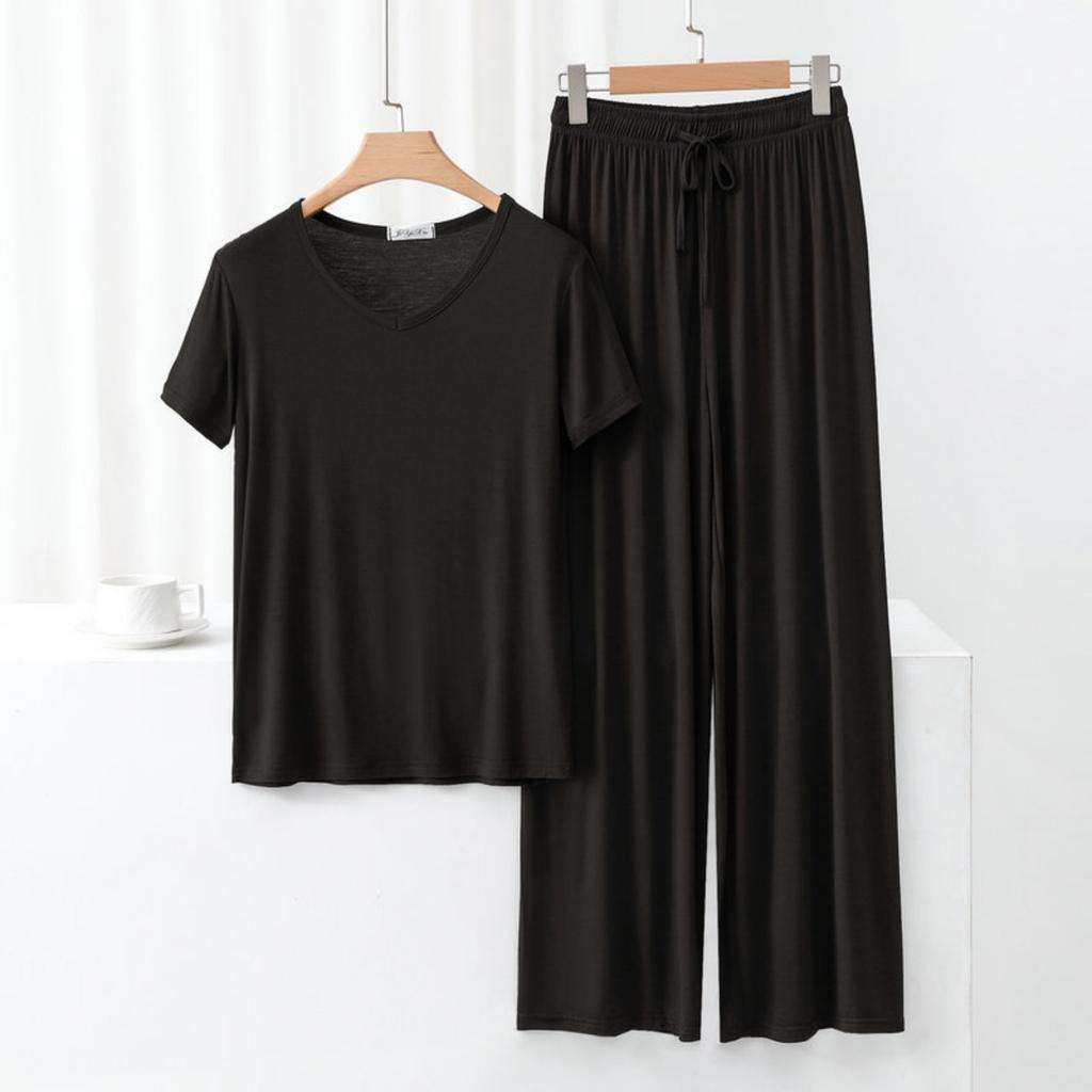 Women's Round Neck Suit Large Size Outer Wear Casual Top Wide Leg Trousers Thin Pajamas