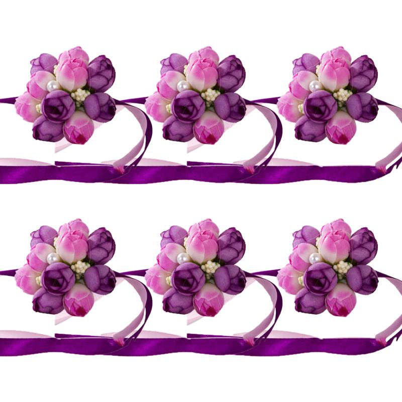 6pcs Wrist Flower Hand Flower Wedding Supplies Accessories For Bride Bridesmaid Party Prom