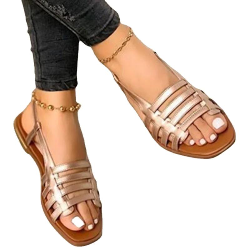 fashion Buckle Strap Women's Sandals Daily  Sandals Women Flat with Round Toe Solid Soft Bottom Ladies Shoes