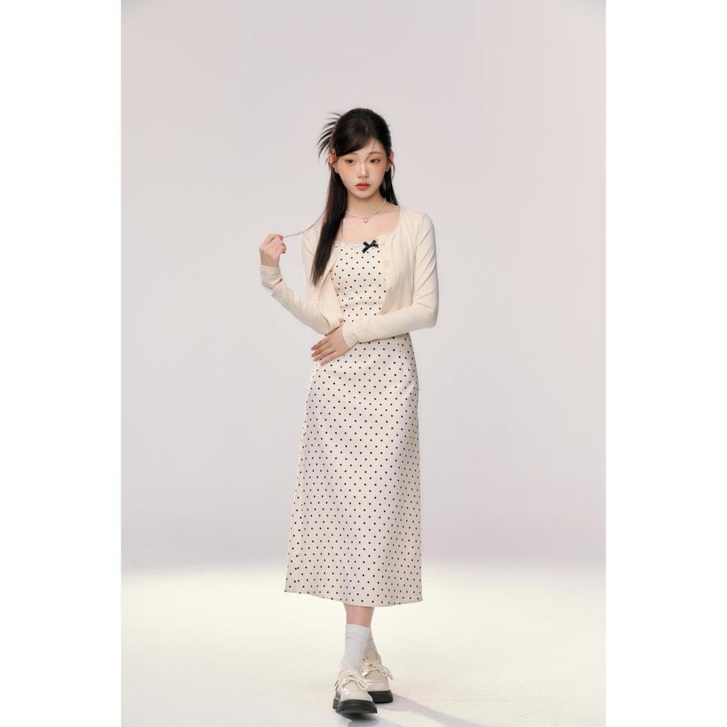 Women's Petite Polka Dot Maxi Dress & Cardigan Set