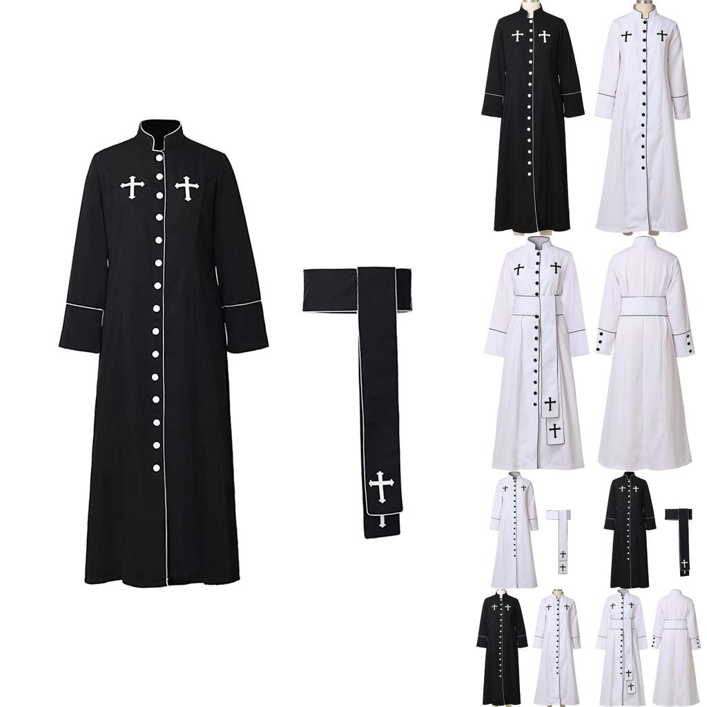 Women's Priest Robe With Stand Collar Roman Cassock Belt Street Style White/black Xs-5xl