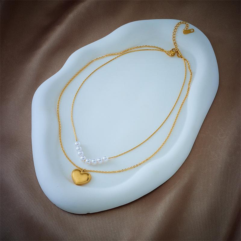 Titanium Steel Layered Pearl Necklace with Heart Pendants