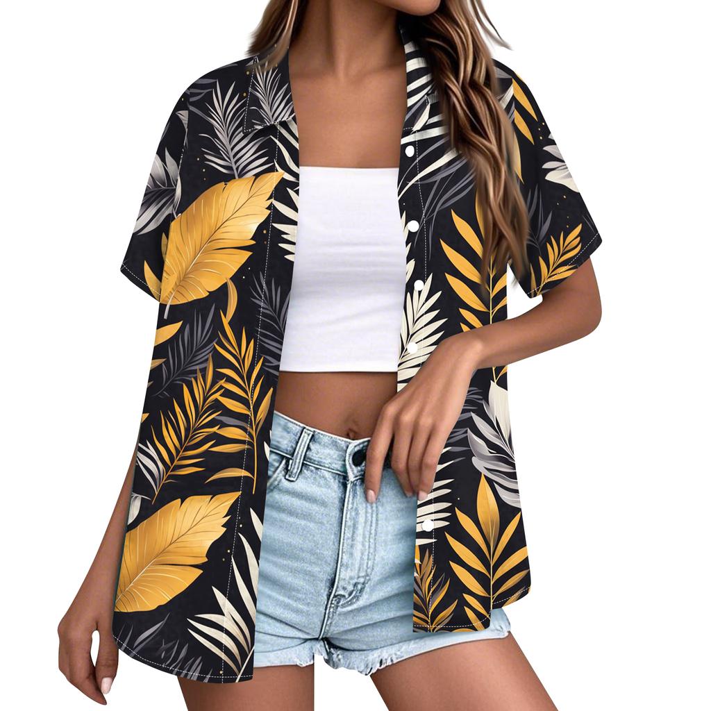 Womens Spring Tops Button Down Short Sleeve Leaf Print Shirt Summer Shirts for Women Casual Loose Fit Blouse Womens Summer Shirts