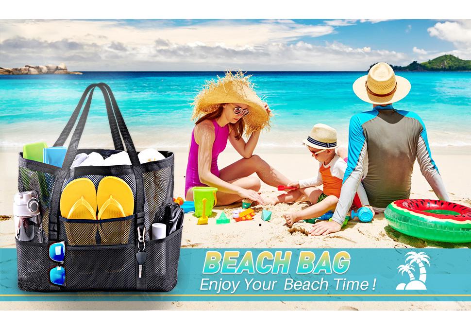 Mesh Beach Bag with 8 Pockets - Large Capacity Travel & Toy Storage Bag