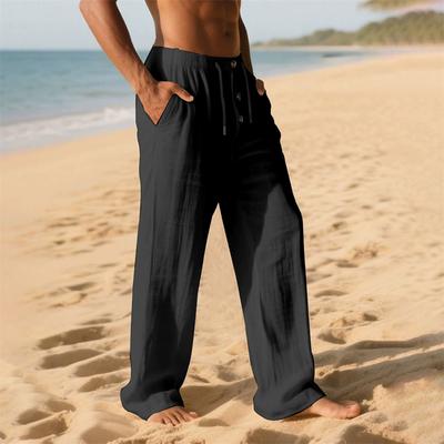 Men's Cotton Trousers Breathable Lightweight Beach Style Hawaii Baggy Long Pants Solid Color Spring Summer Elastic Waist Pants