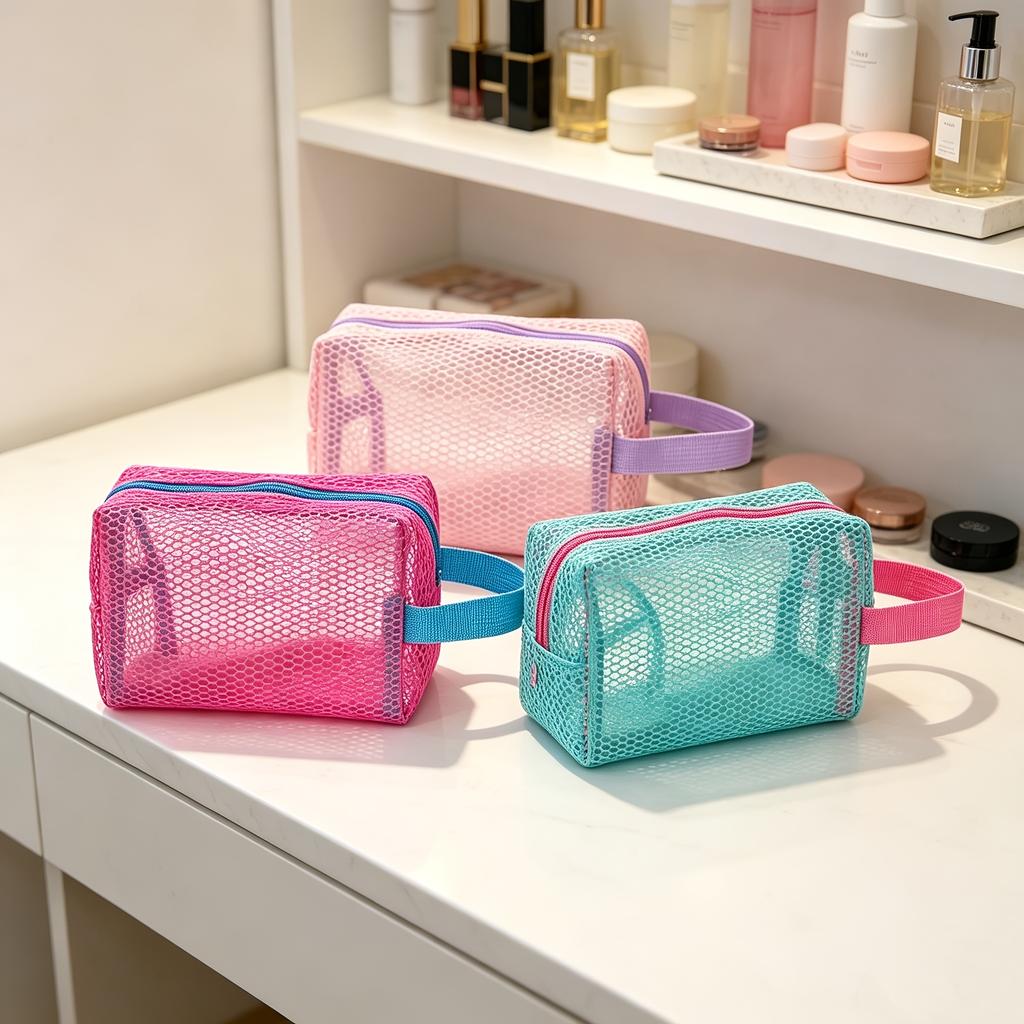Dopamine Women's Small in Macaron Colors, Octagonal Mesh Handle Bag, Makeup Bag, Portable Large-Capacity Storage Bag for Outdoor Travel