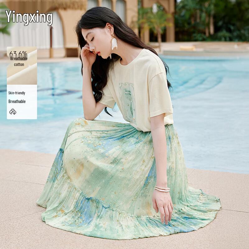 Xiangying Women s Round Neck Drop-Shoulder Print T-Shirt L