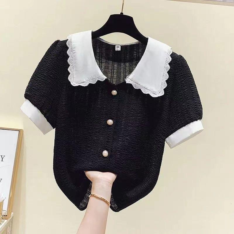 

Большая женская летняя универсальная шифоновая рубашка с короткими рукавами и кукольным вырезом 3XL чёрный