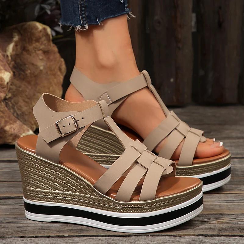 Fashion White Braided Wedge Heeled Sandals Women Summer Buckle Strap Chunky Platform Sandlas Woman Fashion Thick Bottom Roman Sandalias