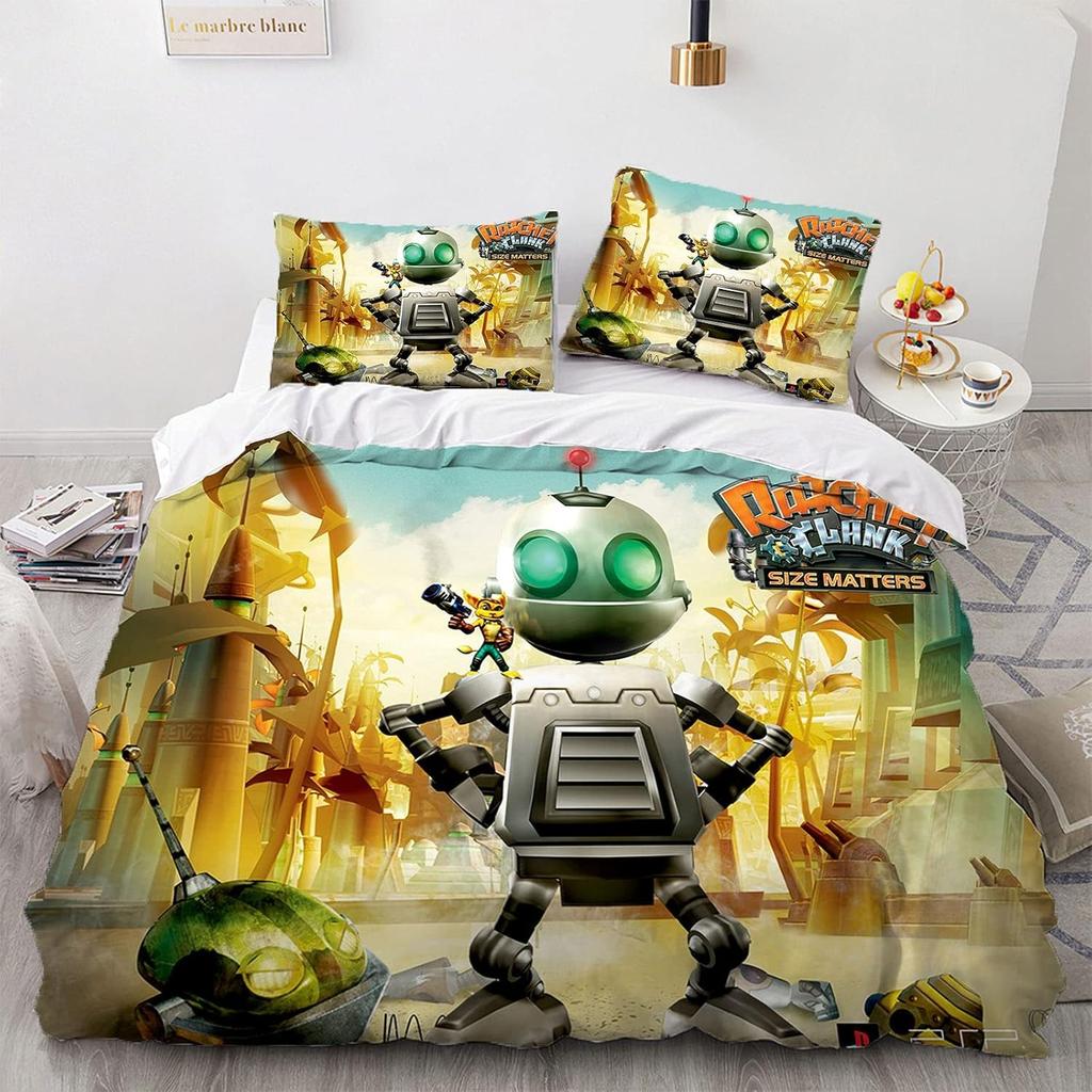 Ensemble de literie 3D Jeu Ratchet & Clank Rift Apart Ensemble de lit imprimé Housse de couette Drap Taie d'oreiller Lit Couette douce Taille Double Queen King