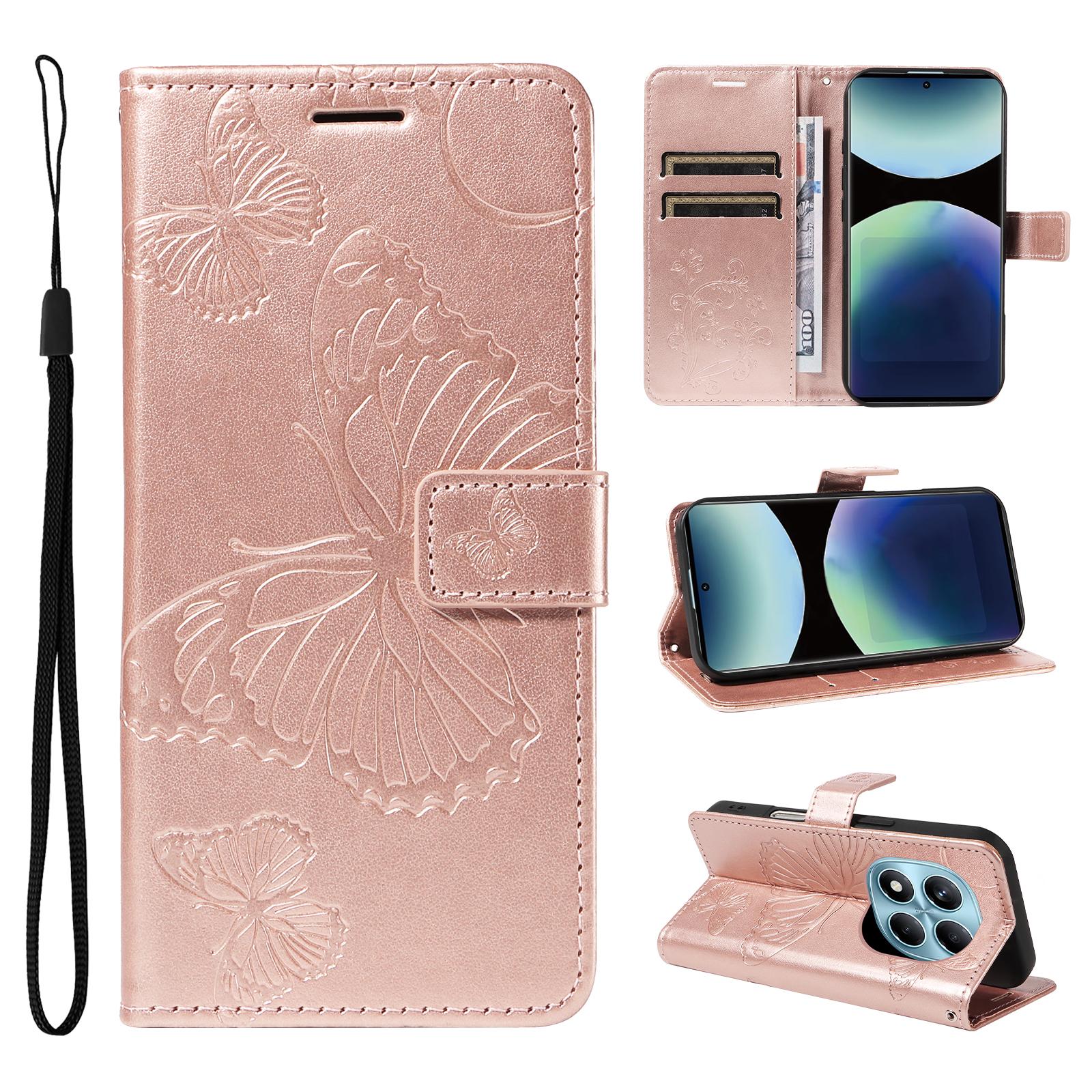 

For Xiaomi Redmi Note 14 Pro 4G Wallet Case Floral Butterfly Imprinted Leather Phone Cover Stand Rose Gold
