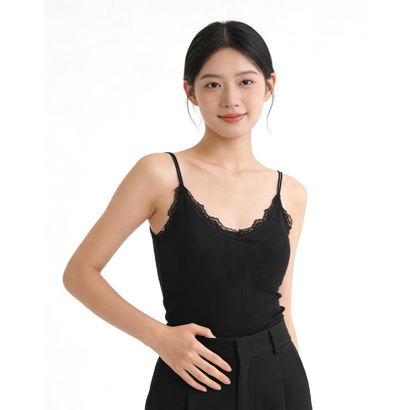 2026 Summer Korean Style Lace Trim Spaghetti Strap Slim Fit Knit Vest