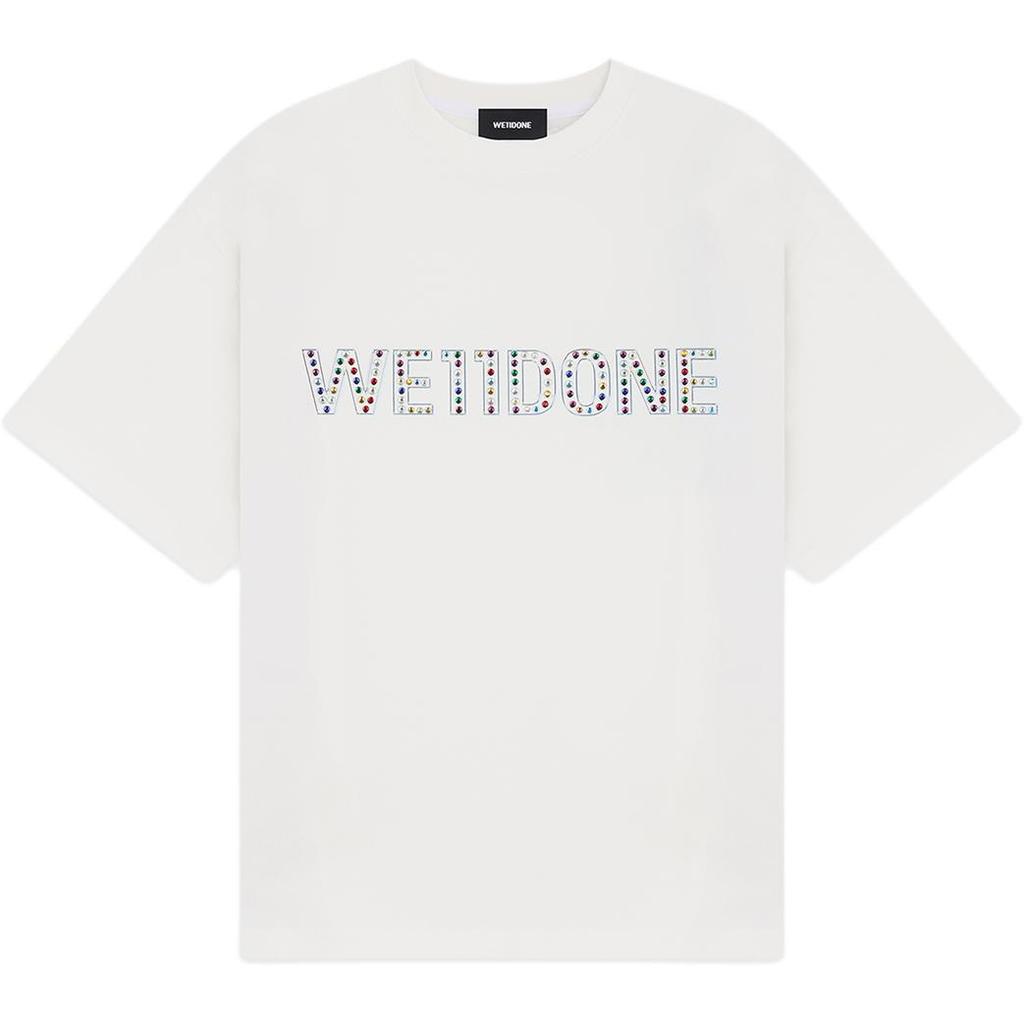 We11done Ss25 Front Crystal Decorated Logo Printed Casual Short Sleeve T-Shirt Unisex Tops WD-TT2-25-731-U-WH