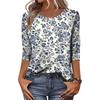 Damen Casual Blumenmuster Dreiviertelarm Rundhalsausschnitt Oberteil Leicht Bequem Sitzend Weicher Stoff Bluse für den Alltag