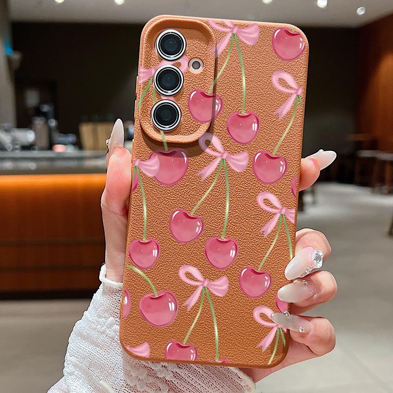 Crystal Cherry Fruits Bowknots Case For Samsung Galaxy A57 A37 A17 A56 A36 A26 A16 A55 A35 A25 A15 A54 5G S21 FE S22 S23 S24 Plus S25 Edge S26 Ultra