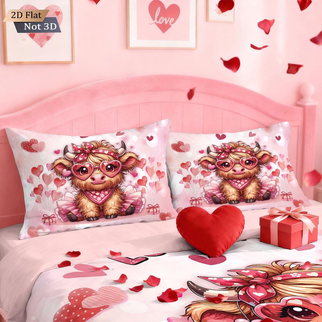 3pc pink Valentine's Day Highland Cow Print Coreless Quilt Set Multi Size Bedroom Dormitory Bedding Decoration Machine Washable