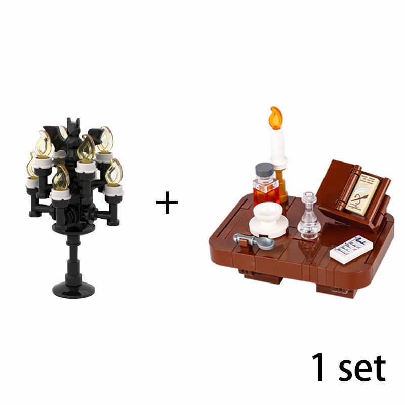 MOC Steine Mittelalter Alchemie Raum Küche Zauberer Trank Bausteine Teufelsquelle Schloss Straßenlaterne Hexen Figuren Szene Schädel