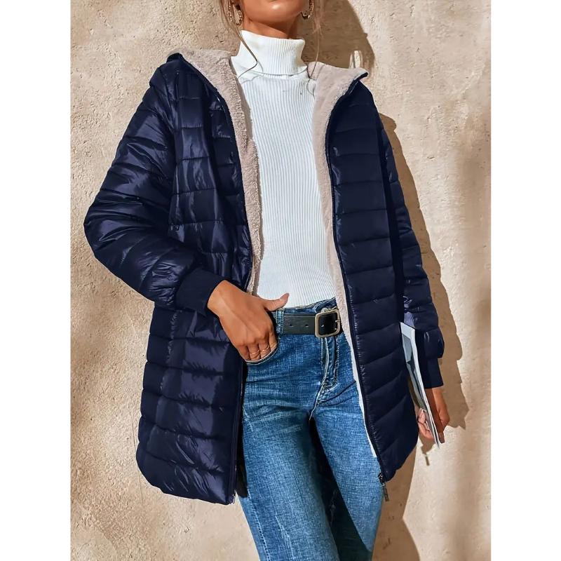 2025 Winter Women's Mid-Length Quilted Parka, Hooded Fleece Lined Loose Fit Thermal Jacket with Zipper, Warm Padded Casual Coat for Cold Weather
