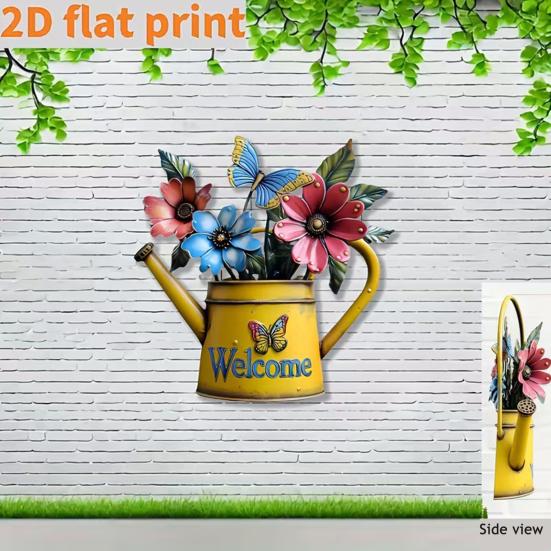 Garden Gifts for Gardening Lovers Rustic Metal Watering Can Wall Art, Flower Butterfly Welcome Sign, Farmhouse Pastoral Style Hanging Decor Iron Porch