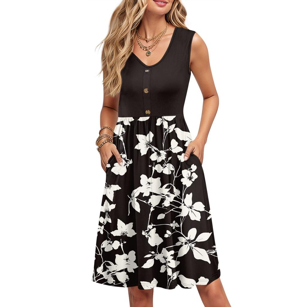 Women Summer Printing Dresses Sleeveless Casual Loose Swing Button Down Midi Sundress With Pockets