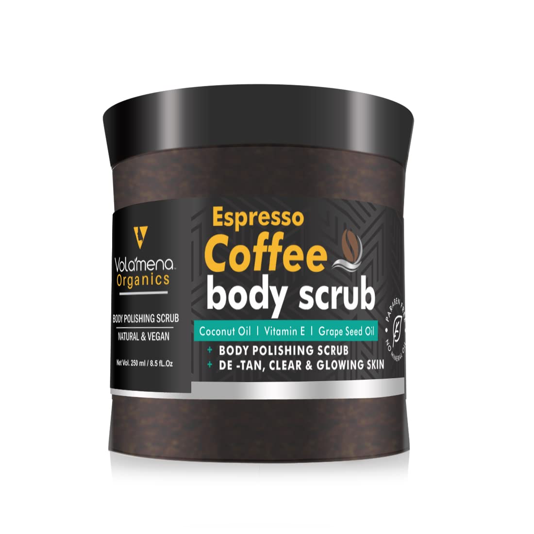 Volamena Arabica Espresso Coffee Body Scrub with Coconut and Argan oil for Body polishing Natural and Vegan, 250 ml