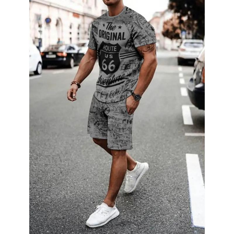 3D Wolf Print Blue Base Summer Men Short Sleeve Suit Short Sleeve Shorts 2 Pieces Casual Fashion Street Clothing