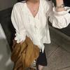 Chic Korean French-Style Lace Trim Ruffle Pleated Long Sleeve Women's Shirt for Early Spring & Autumn