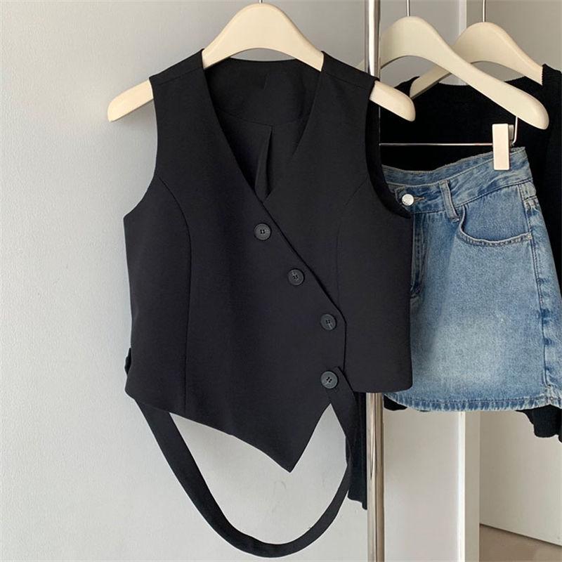 Women's 2024 Summer Irregular Black Sleeveless Suit Vest