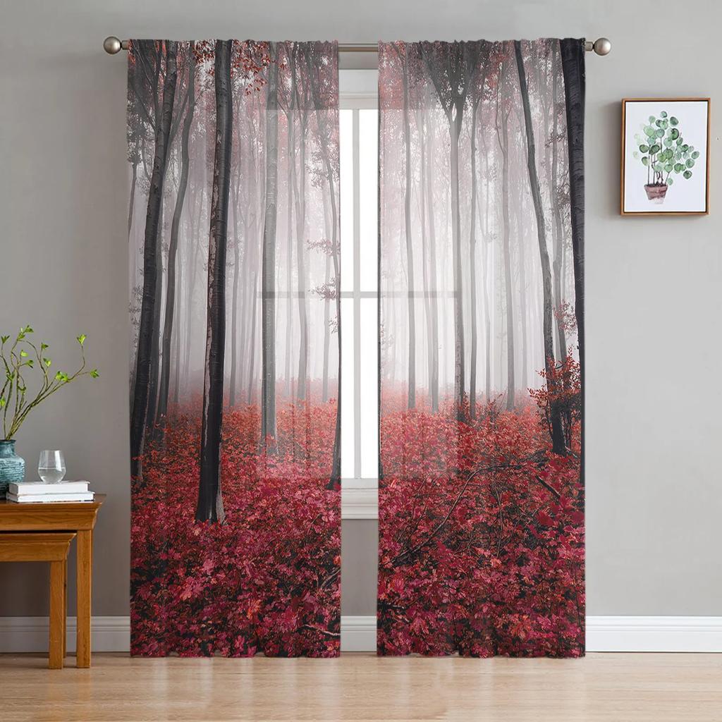 Color Butterfly Birch Forest Chiffon Curtains Living Room Bedroom Home Decoration Window Voiles Tulle Curtain Sheer Polyester Ideal For Area
