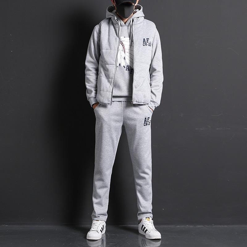 

[Костюм из трех частей] Зимний молодежный спортивный костюм для отдыха с брюками и толстым бархатным свитером, жилетом с капюшоном, мужской костюм L серый