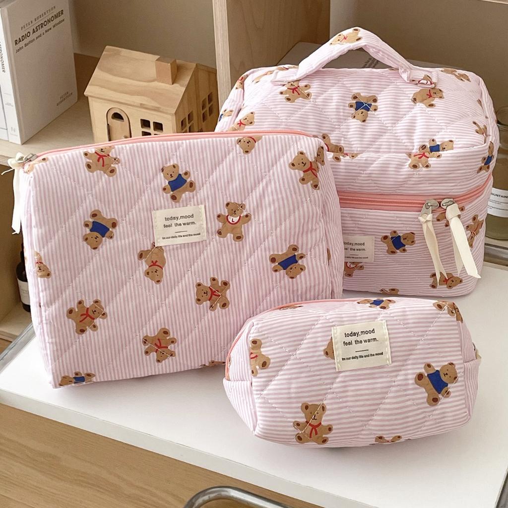 Blue Striped Teddy Bear Makeup Bag Cartoon Girl Heart Portable Large Capacity Quilted Toiletry Storage Bag for Going Out