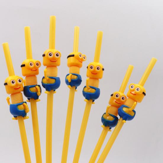 Plastic Cartoon Animal Cat Duck Reusable Drinking Straw Beverage Pipe with Brush