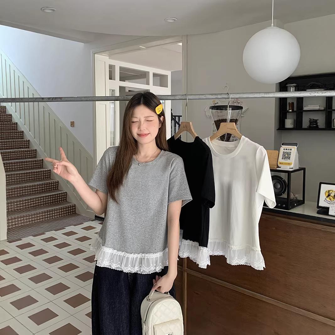 

2026 Summer Plus Size Women s Loose Slimming Lace Patchwork Round Neck Short Sleeve T-shirt XL чорний