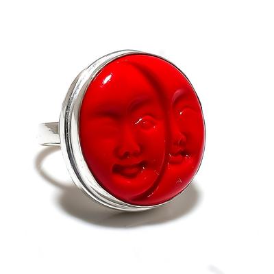 Italian Red Coral Gemstone Handmade 925 Sterling Silver Ring Size 7.5 O9v78