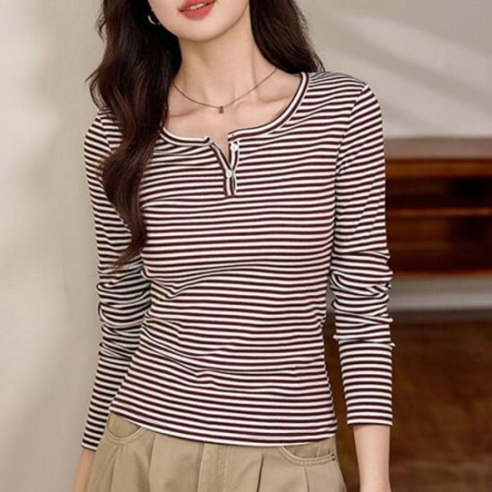Navava Women Slim FiT STripe Henley Neck Long Sleeve T shirT nT3203