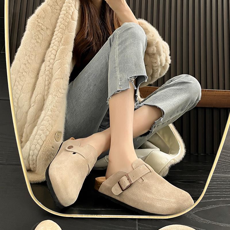 Leather women's one-pedal warm fluffy slippers women's outer bag head half slippers slippers