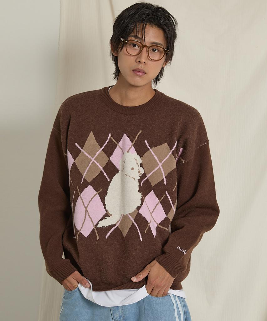 WAIKEI Maltese Argyle Crewneck Knit Brown