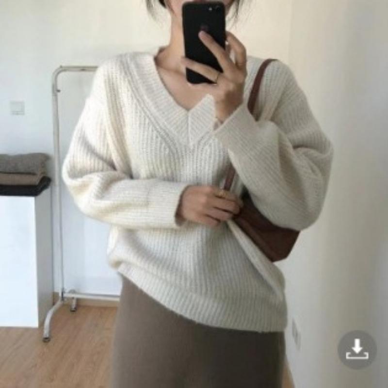 Women's V-neck Pullover Sweater Women's Loose Fitting Autumn and Winter Korean Style New Retro Knit Sweater