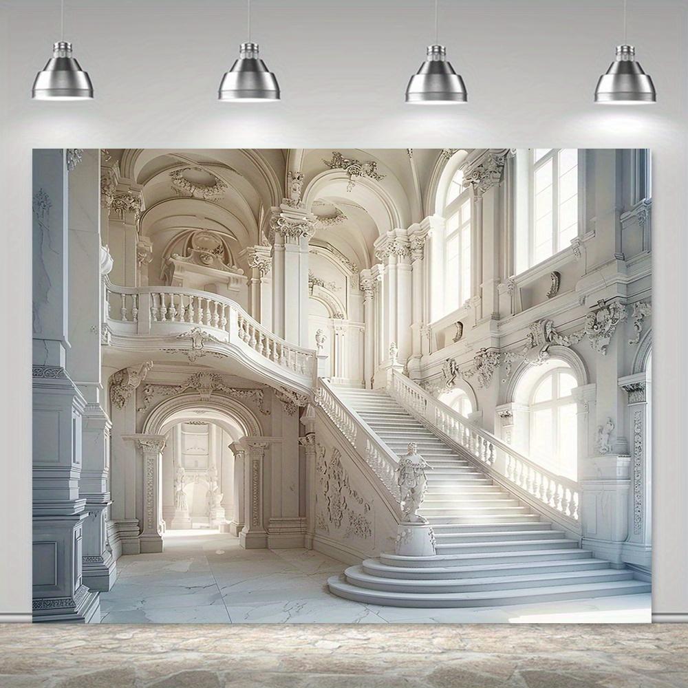 Luxury palace background photography, European white castle Royal interior stairs, polyester wedding ceremony background cloth 150X100CM белый