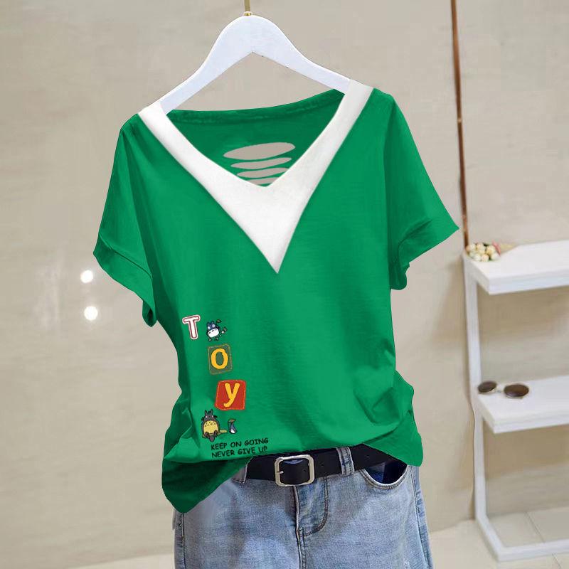 

Женский топ из чистого хлопка с V-образным вырезом и короткими рукавами - Лето 2024, Универсальный большой размер, Корейский шик, Свободная и стройнящая футболка 4XL