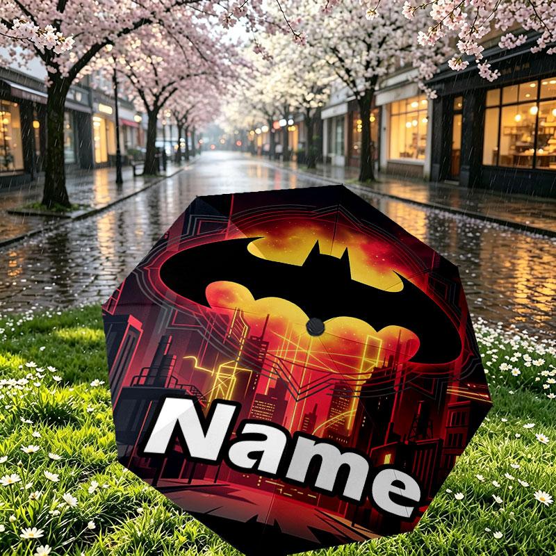 Custom Name Personalized Batman Print Umbrella, Auto Open Close, 8‑Rib Sturdy Frame, Commute Camping Hiking Use, Birthday Gift