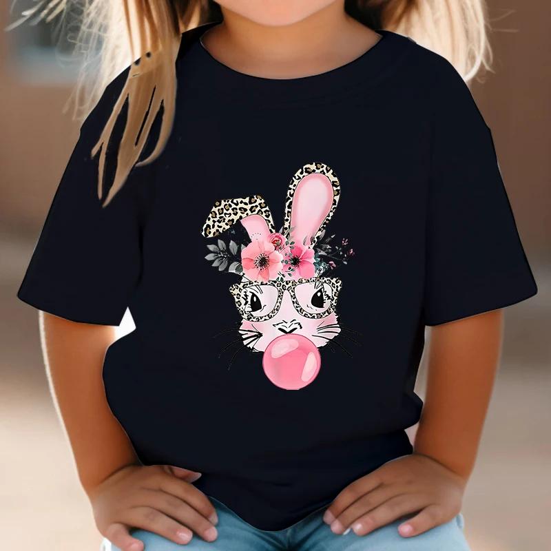Bunny 3-14 Years Girls T-shirts Bad Cartoon Tees Bubble Sugar Rabbit Fashion Kids Tshirts Harajuku Leopard Print Bunny Tops Tees