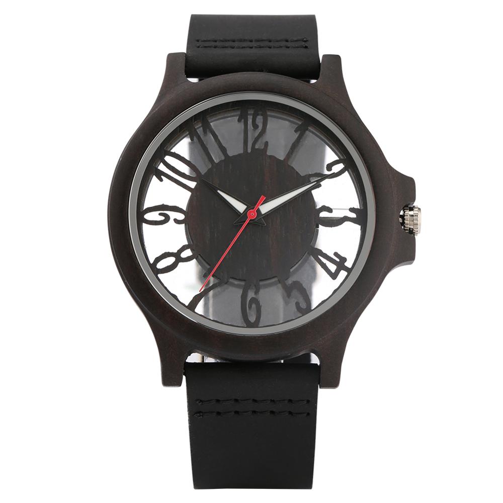 

Retro Hollow Transparent Dial Wooden Watches Quartz Timepieces Clock Male Mens Watches Retro Leather Man Clock Relogio Masculino