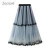 French Vintage Polka Dot Midi Skirt Heavy Duty High Waist A-Line Tulle Skirt with Raw Edge Ruffles QT2604