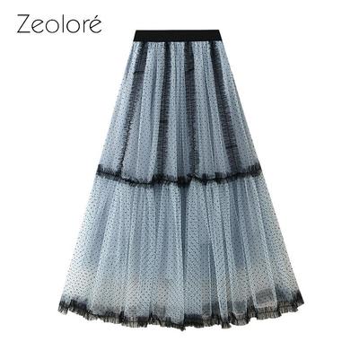 French Vintage Polka Dot Midi Skirt Heavy Duty High Waist A-Line Tulle Skirt with Raw Edge Ruffles QT2604