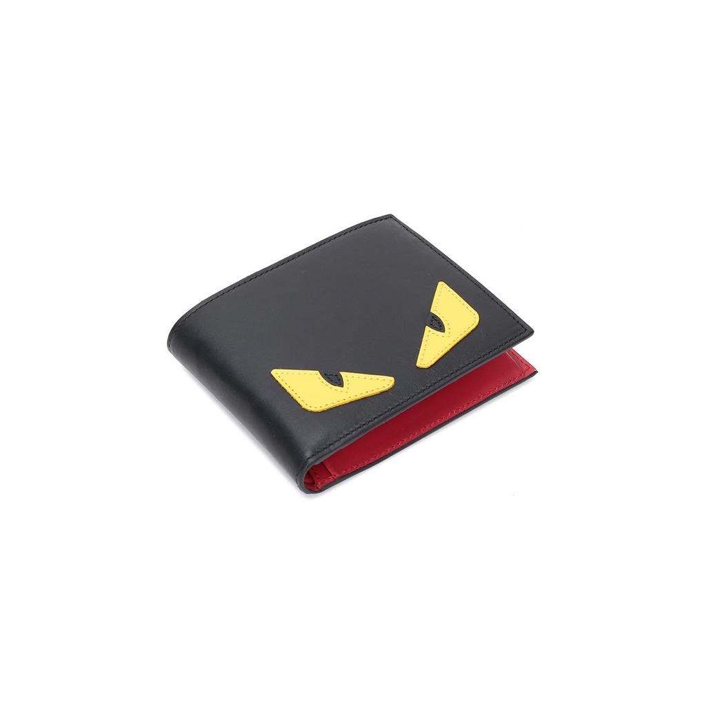 Fendi Monster Eyes Short Double Fold Color Block Calfskin Wallet Men Wallet Black Yellow 7M0001-O73-F0U9T