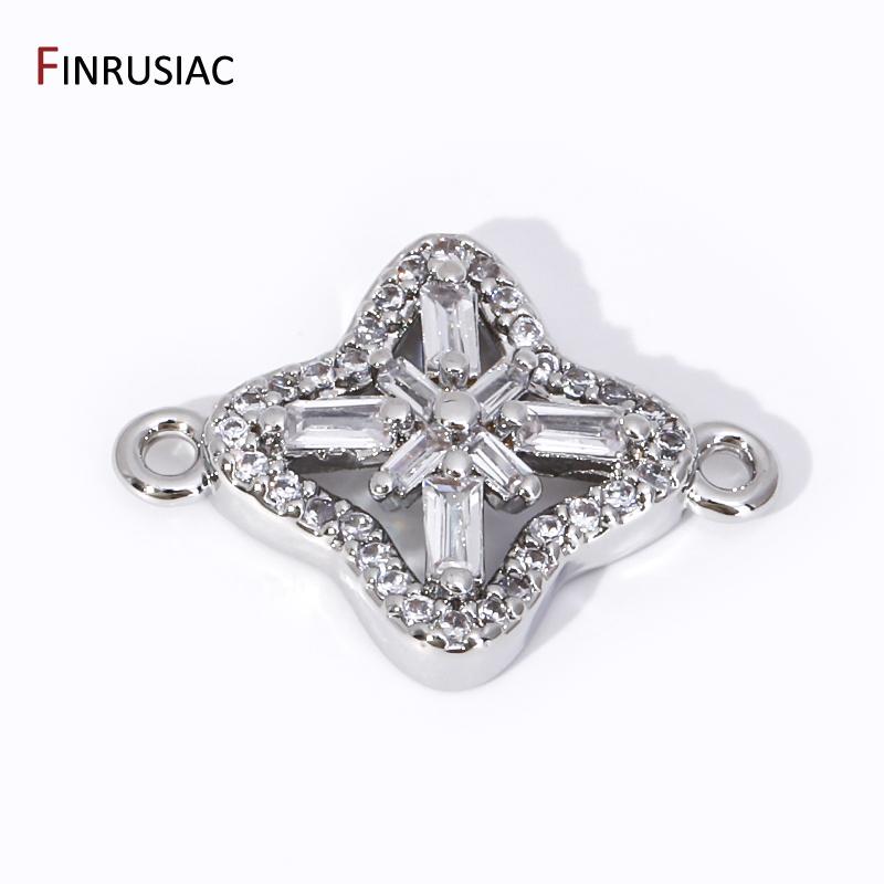 18K Gold Plated Brass Square Charm Connector,Inlaid Zircon Flower Pendant Connector For DIY Jewelry Making Accessories
